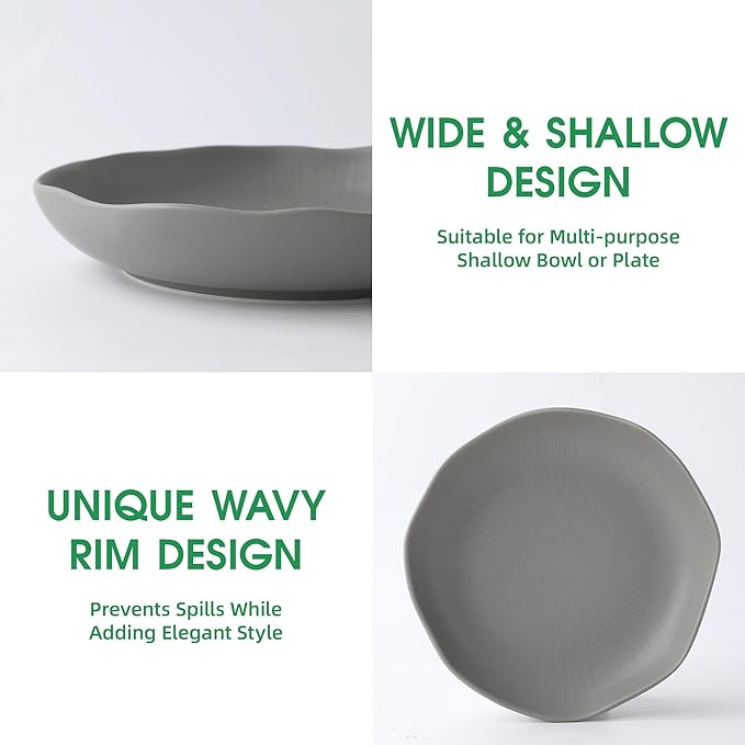 Pasta Bowls Set of 4, Ceramic 24.5oz Serving Salad Bowl, Large 8.5 inch Wide Shallow Soup Bowls with Wavy Rim, Easy to Clean, Oven Microwave Dishwasher Safe for Fruit Pasta Salad Dinner - Grey