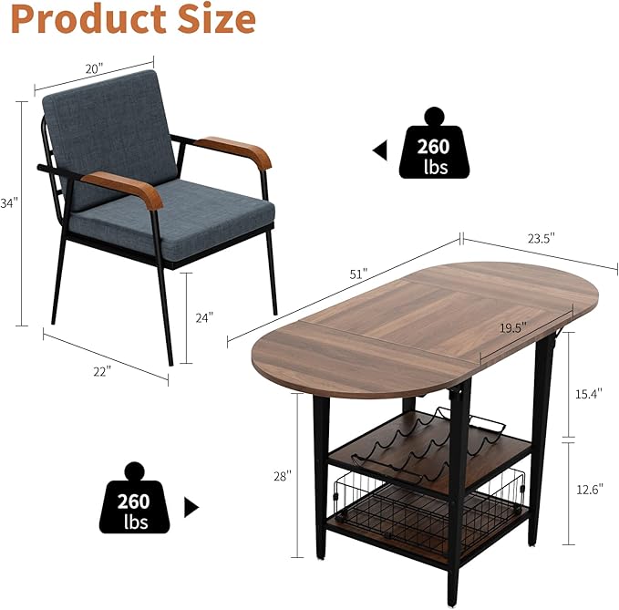 VFK Corner Dining Table Set with Storage Bench, 51” Folding Breakfast Nook Table and Stools, 3 Piece Kitchen Booth Dining Set for Small Space, Modern Dining Room Furniture