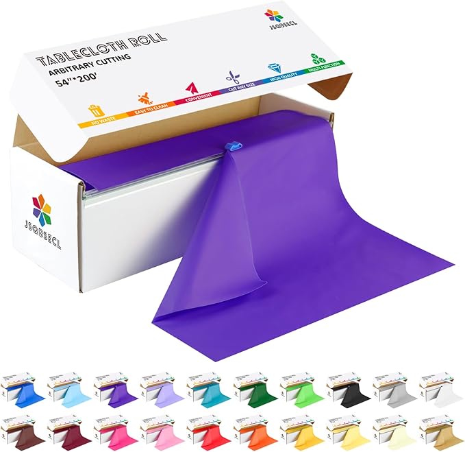 54 Inch X 200 Feet Plastic Table Cover Roll with Convenient Slide Cutter,Disposable Plastic Table Cloth Roll with Cut-to-Size Design for Weddings, Banquets, Parties (Purple)