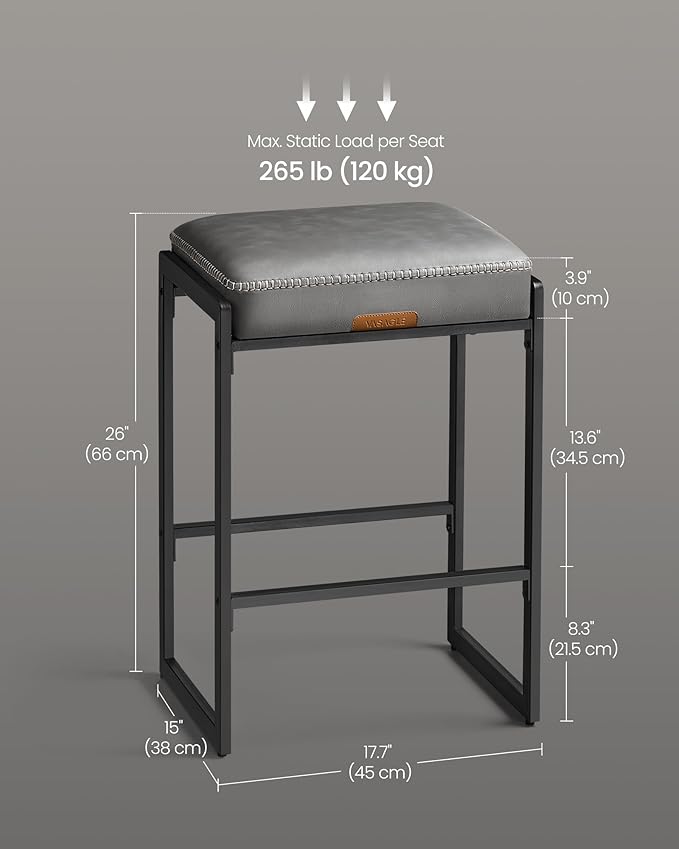 VASAGLE EKHO Collection - Bar Stools Set of 4, Counter Height Bar Stools, Synthetic Leather with Stitching, Mid-Century Modern Counter Stools, 26-Inch Tall, Kichen Home Bar Dining Room, Dove Gray