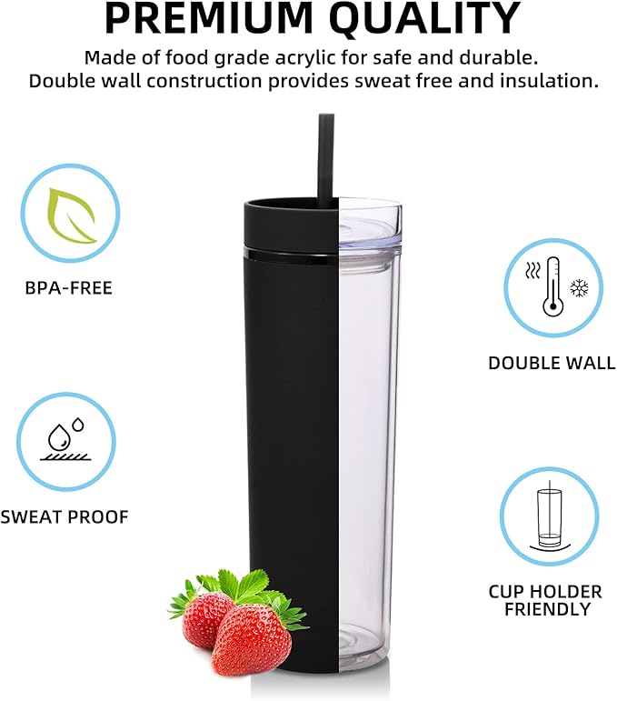 Volhoply 20oz Plastic Skinny Tumblers Bulk 4 Pack,Double Wall Tumbler with Lid and Straw,Reusable Travel Iced Coffee Mug,BPA Free Matte Acrylic Water Cups With Straw for Party,DIY Gifts(Black,4 Set)