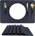 Dark Blue Reversible Faux Leather Placemats – Set of 6 Waterproof, Heat-Resistant & Easy-to-Clean Table Mats for Modern Dining