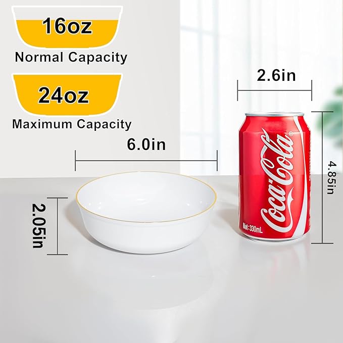 I00000 50 Pack White Plastic Bowls with Gold Rim,16 oz Disposable Soup Bowls,Premium Heavy Plastic Serving Bowls Ideal for Wedding & Party