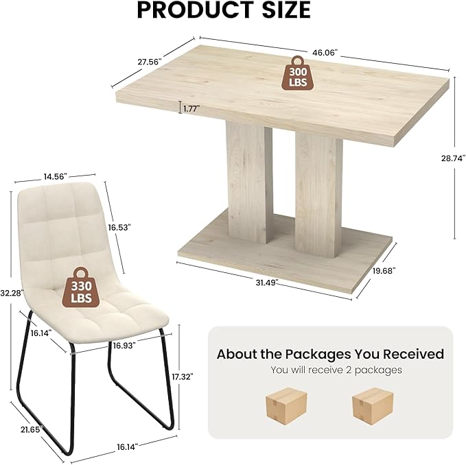Modern 5-Piece Dining Table Set for 4, 46" Pedestal Dining Room Table with 4 Leather Chairs, Small Space Saving Kitchen Table Set, Natural Wood Finish Rectangle Table for Home & Apartment