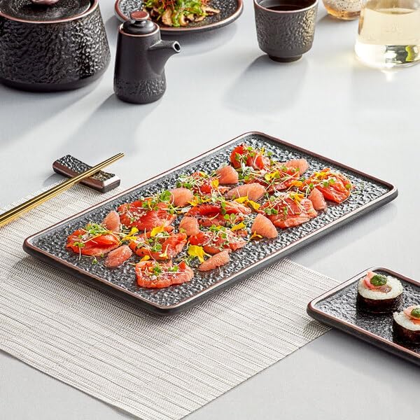 Heika Black Matte Rectangular Stoneware Plate, 13 3/4 x 8 Inch, Textured Design with Banded Rim, Dishwasher and Microwave Safe, 12 per Case