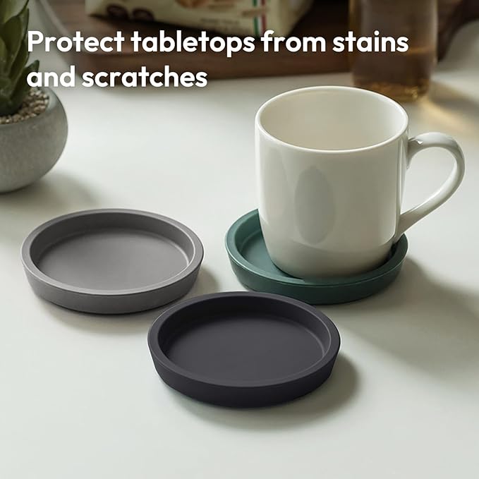 Carrotez Thick Silicone Coasters for Drinks, Round Bulky Cup Coasters for Coffee Table, Desk, Set of 2 - Black