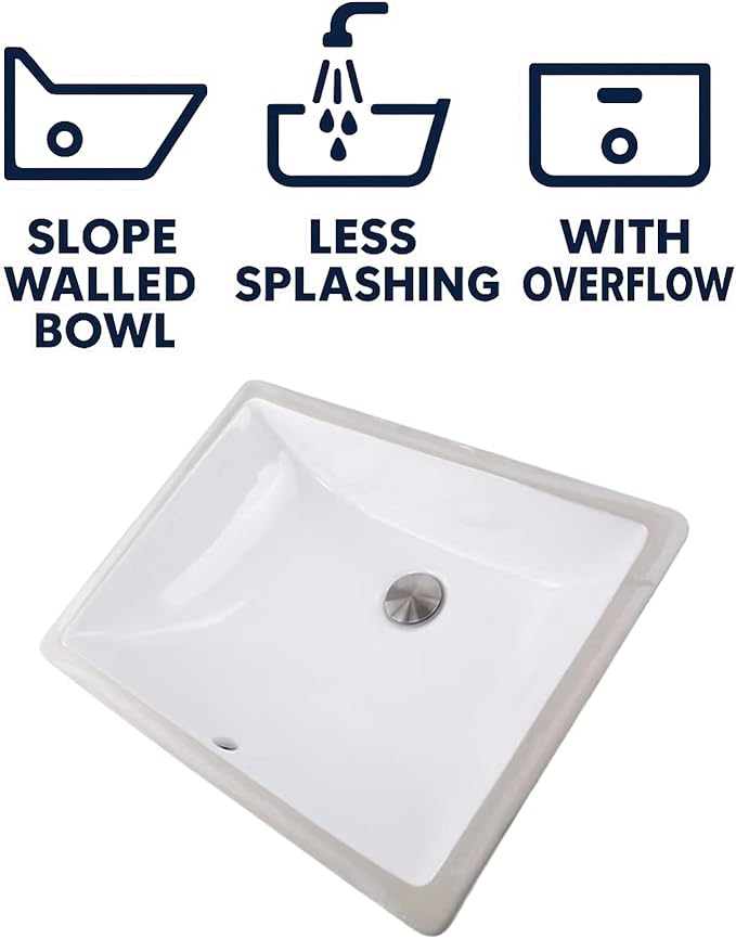 Nantucket Sinks Undermount Bathroom Sink – 18" x 13" Interior Rectangular Bowl, Ceramic Bath Sink for Vanity, w Overflow, High Gloss White Vitreous China, Scratch & Stain Resistant – UM-18x13-W