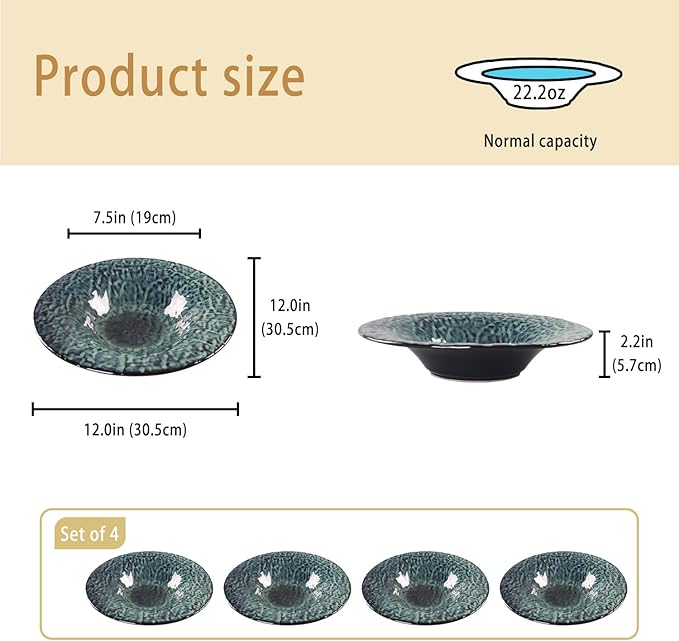 Ceramic Pasta Bowls, 22.2 oz Pasta Plates, Reactive Glaze Pasta Bowl Set of 4, Large Wide Serving Bowls for Salad, Dessert, Fruit, Microwave & Dishwasher, Oven Safe