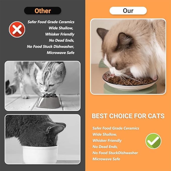 Non-Slip Cat Bowls, Ceramic Wide Pet Food Bowl Set for Relief Whisker Fatigue, 6 Pack Colorful Kitten Feeding Dishes Plates with Anti-Slip Silicone Base-Microwave and Dishwasher Safe, 8.5 oz