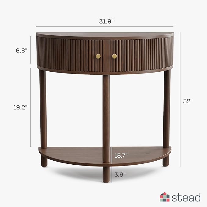 Fluted Half Moon Shaped Console Table - Small Entry Desk - Living Room Furniture - Modern Home Decor - Solid Wood Entryway Table with Two Doors and Brass Knobs (Walnut)
