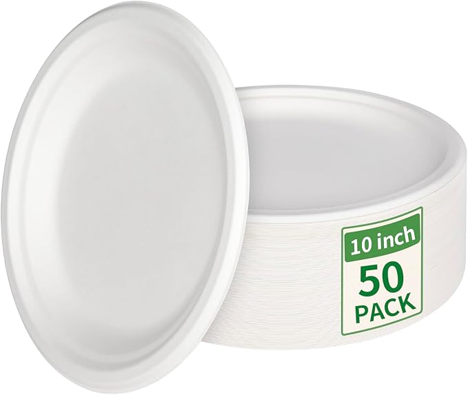 Aricsen 50 Pack 10 Inch Compostable Disposable Round Paper Plates, Natural White Biodegradable Sugarcane Bagasse PFAS-Free Eco-Friendly Dinner Plates for Party Wedding Picnic BBQ (50, 10 INCH)