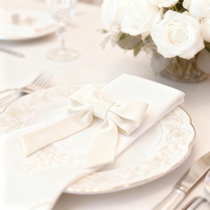 Ivory Velvet Bow Napkin Rings Set of 6 Luxury Soft Velvet Napkin Holders, Elegant Bow Design for Christmas Holiday Dinner Wedding Party Table Decor