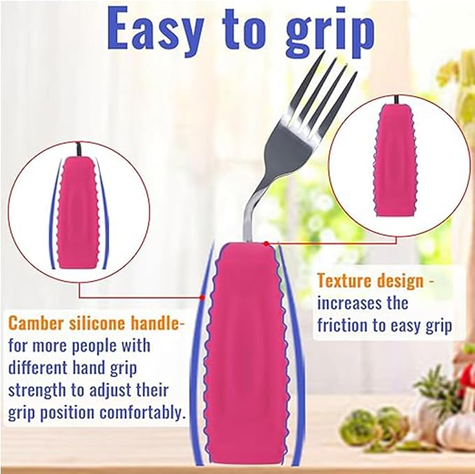 Adaptive Utensils Set for Hand Tremors,Arthritis and Parkinsons -Weighted Silverware with Non-Slip Handle to Easy Grip,Eating Flatware for Elderly Use (Left hand 1fork+1spoon=1set,Pink)