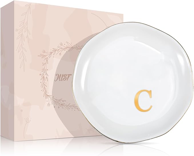 ProCase Ceramic Jewelry Tray, Initial Ring Dish Trinket Plate Engagement Gift, Small Personalized Monogram Ring Bowl for Wedding, White Decorative Jewelry Holder for Women Vanity -Letter C