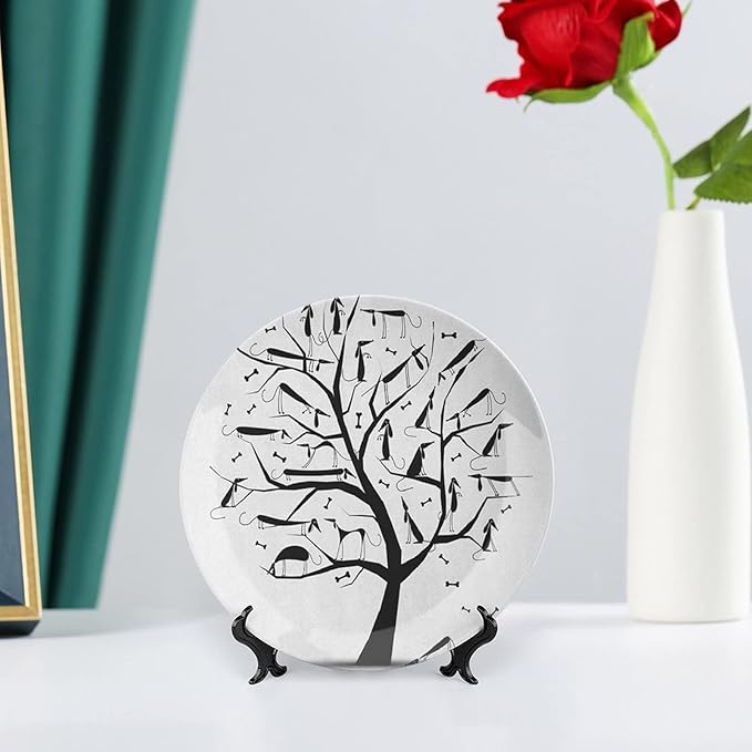 Decorative Plates, Abstract Print Ornament, Monochrome Autumn Season Tree with Dog on The Branches, 6 Inch, Kitchen Wall Decor, Black and White
