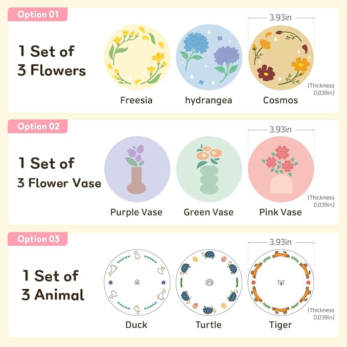 FLT Silicone Colorful Coaster Set of 3, Non-Slip Drink Mat, Cute and Unique Printed Design (Made in Korea) (White - Animal)