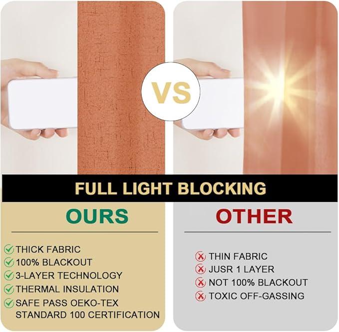PrinceDeco Blackout Curtains for Bedroom 96 Inches Long Linen Look Curtains for Living Room Black Out Curtains Room Darkening Thermal Curtains with White Liner Backing for Nursery Decor,Orange