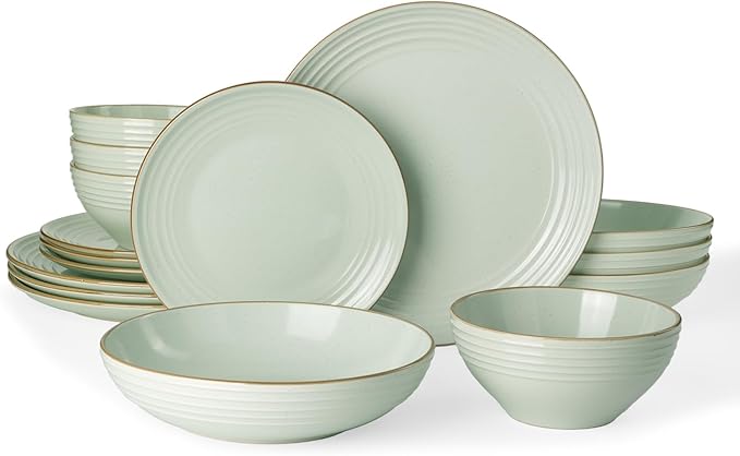Famiware Jupiter Dinnerware Set with Pasta Bowl, Plates and Double Bowls Dish Sets for 4 (16 Pieces), Microwave and Dishwasher Safe Stoneware Tableware, Chip and Scratch Resistant, Light Green