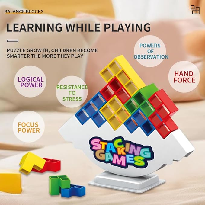64 PCS Tetra Board Game for Kids and Adults, Balance Stacking Game for 2 Players+ Party, Family and Friends,Tower Stack Team Building Blocks Toy