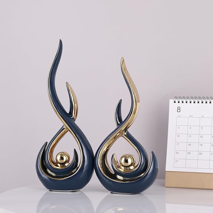 Ceramic Abstract 2 Piece Statue Set, Blue and Gold Home Decor Accents for Home Decor Statue Mantel Shelf Decor Unique Shelf Decor on Mantel, TV Cabinet Divider Table Top and Dining Table Centerpiece.