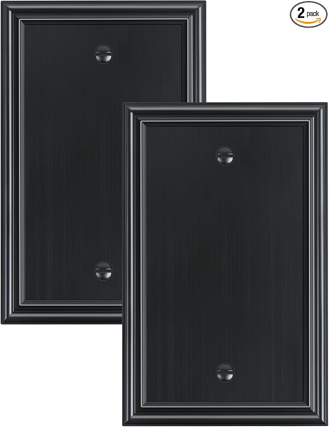 2-Pack Single Blank Wall Plates, Durable Solid Zinc Alloy Blank Outlet Covers, Decorative Black Wall Plate Cover for Unused Outlets/Switches, Corrosion Resistant