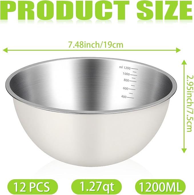 12 Pcs 1.3qt Stainless Steel Mixing Bowls Nesting Metal Prep Salad Bowls with Scale Reusable Baking Cooking Food Soup Storage Organizers for Kitchen Refrigerator