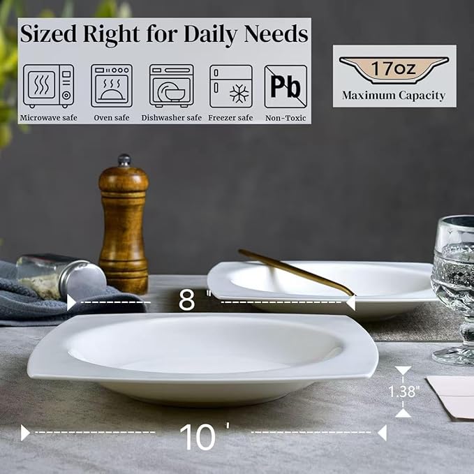 JWANGYUDG-White Square Dinner Plates Set of 6, 10 Inch Fine Bone China Ceramic Plates, Oven & Microwave Safe Scratch Resistant Large Dinner Plates for Home Party