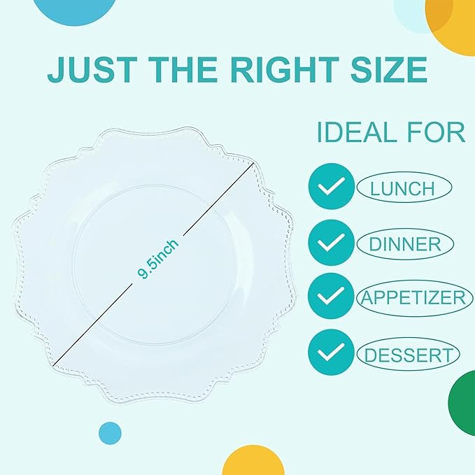 COLOSUS 60pcs Clear Plastic Party Dinner Plates - 9.5 Inch- Heavy Duty Disposable Plastic Dinner Plates for Party Thanksgiving and Everyday Use