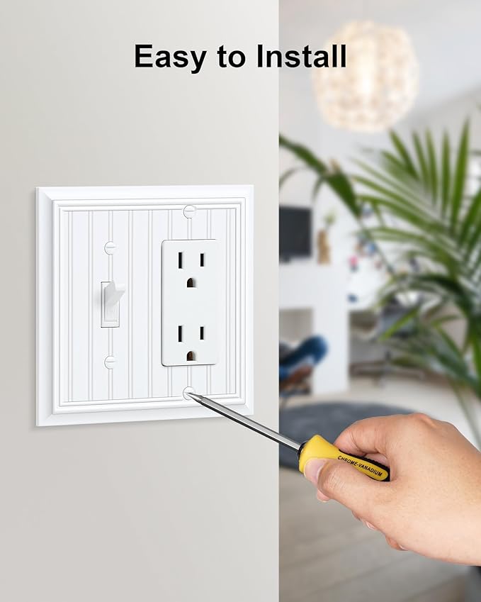 2-Pack Classic Beadboard Combo Toggle/Decorator Light Switch Cover Plate, Pure White Decorative Electrical Outlet Covers, Durable Natural Bamboo Fiber Switch Plates and Outlet Covers