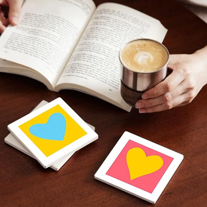 MAYCARI Love Hearts Printed Coasters Set of 6 Cork Backed Minimalist Aesthetic Coasters with Metal Holder Ceramic Surface Drink Cup Mats for Tabletop Protection Desk Decoration Valentine's Day Gifts