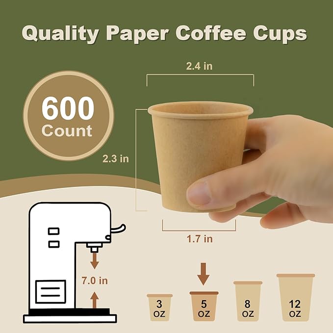 5 oz 600 Pack Disposable Coffee Cups, Bulk Brown Disposable Paper Cups, Coffee Cups for Hot Tea, Chocolate and Cold Drinks