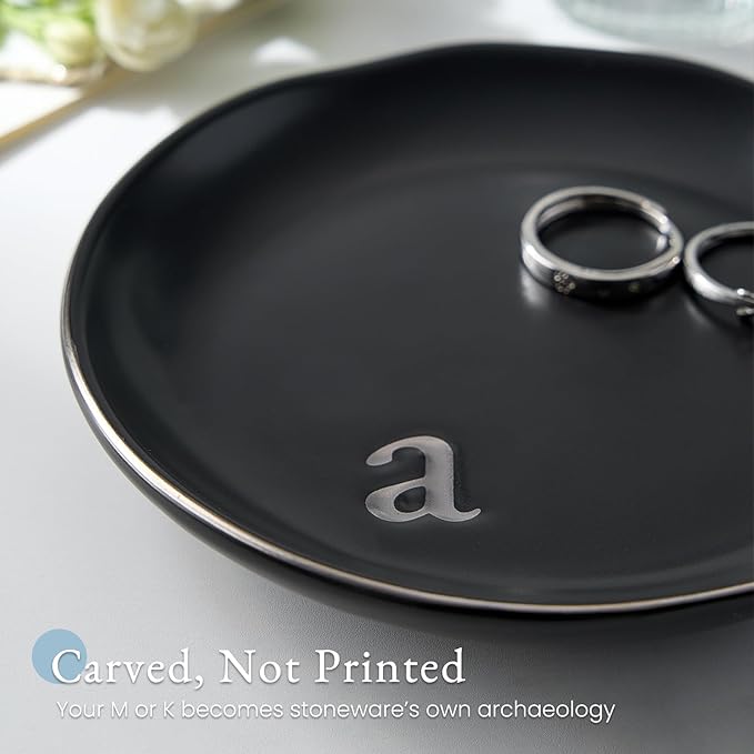 Lolalet Handmade Ceramic Ring Dish Jewelry Tray Plate with Initial, Small Monogram Gift for Her Women Girls Mother, Hostess, Engagement, Bridal Shower, Maid of Honor, Bridesmaid, Birthday, Christmas