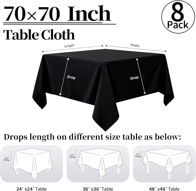 8 Pack Black Square Tablecloth 70 x 70 Washable Polyester Table Cloth for Square or Round Tables, Wrinkle Resistant Fabric Decorative Covers for Dining Party Banquet Buffet and Wedding