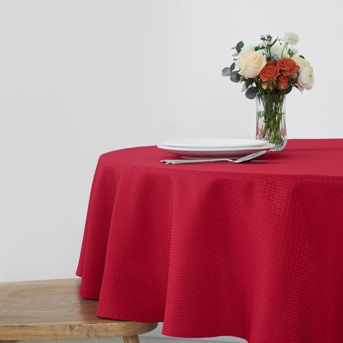 maxmill Round Tablecloth Weaved Texture Design Spill-Proof Wrinkle Free Soft Christmas Table Cloth for Circular Table Cover, for Dining Room Banquet Parties Holiday Dinner, 90 Inch Red