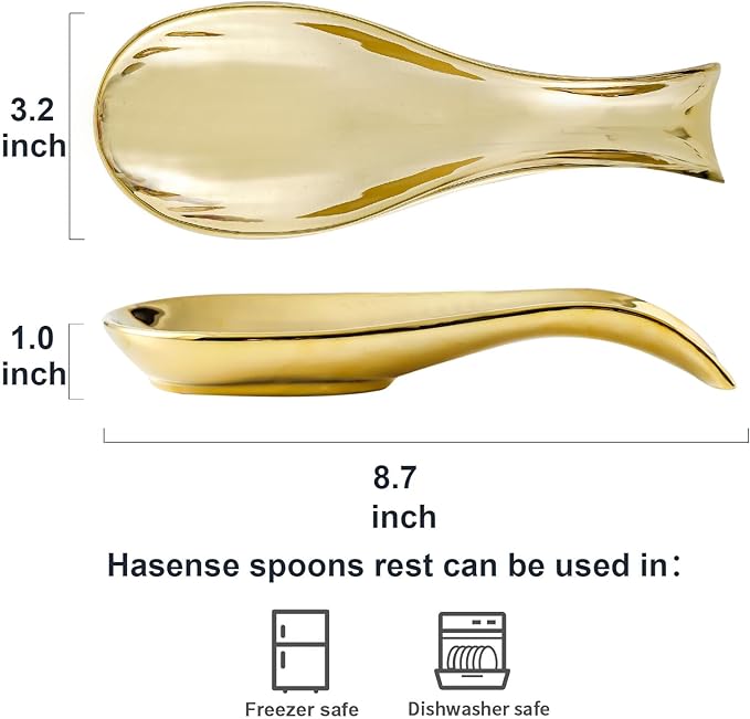 Ceramic Spoon Rest for Stove Top,Large 8.7 Inch Spoon Holder for Kitchen Counter,Porcelain Utensil Rest for Thankgiving and Christmas Gift,Dishwasher Safe and Heat-Resistant,Gold(1 PC)