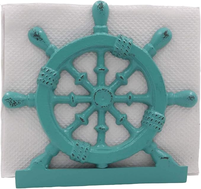 THDC Nautical Napkin Holder, Lunch, Dinner, Nautical Collection Napkin Holder, Made of Metal (Wheel Distressed Green)