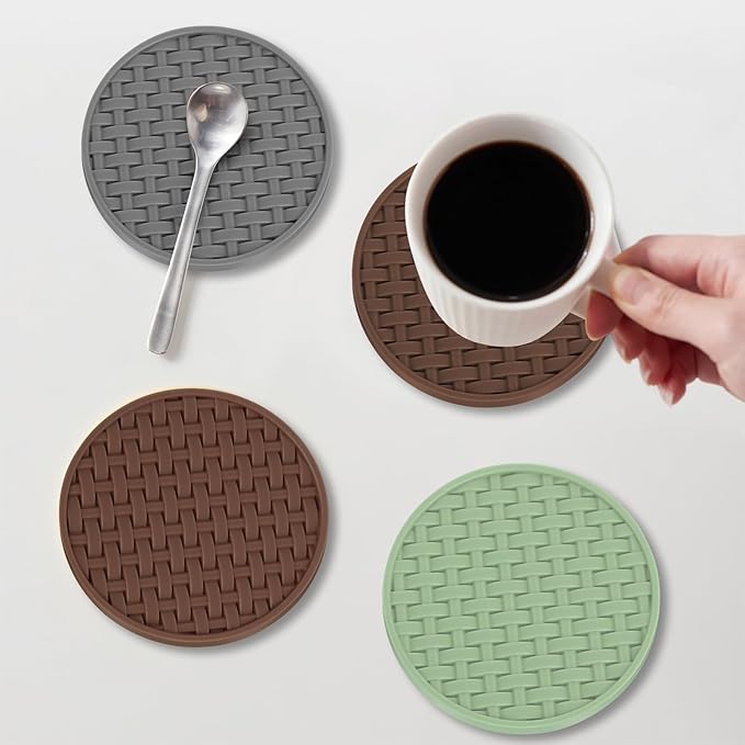 Brown Round Silicone Coasters with Holder, Heat Resistant & Waterproof Cup Mats, 4 Inches Non-Slip Decorative Coster Set 6 Packs for Home, Office, Kitchen, Coffee Bar Table