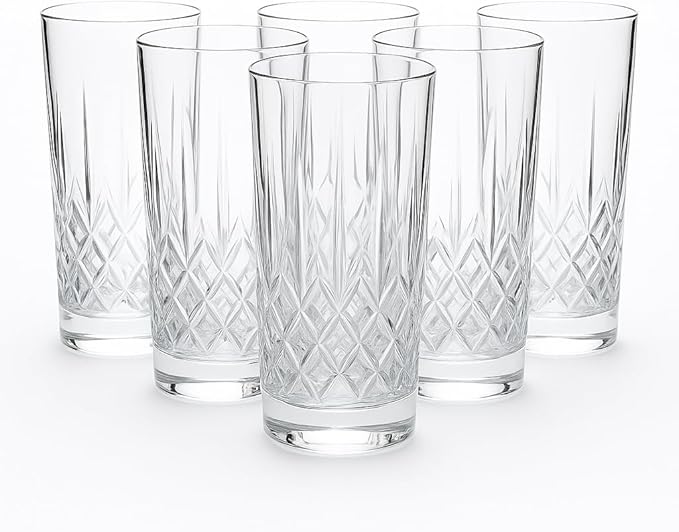 Glass with crystal-style design Clear Glass, Diamond Pattern, 15 oz, Set of 6, for Water, Cocktails, Beverages