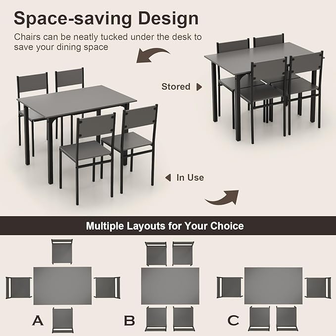 COSTWAY Dining Table Set for 4, Rectangular Kitchen Table and Chairs Set with Backrest, Metal Frame, Space-Saving Dinette Set, Breakfast Nook Table Set for Small Space, Apartment, Dorm (Grey)