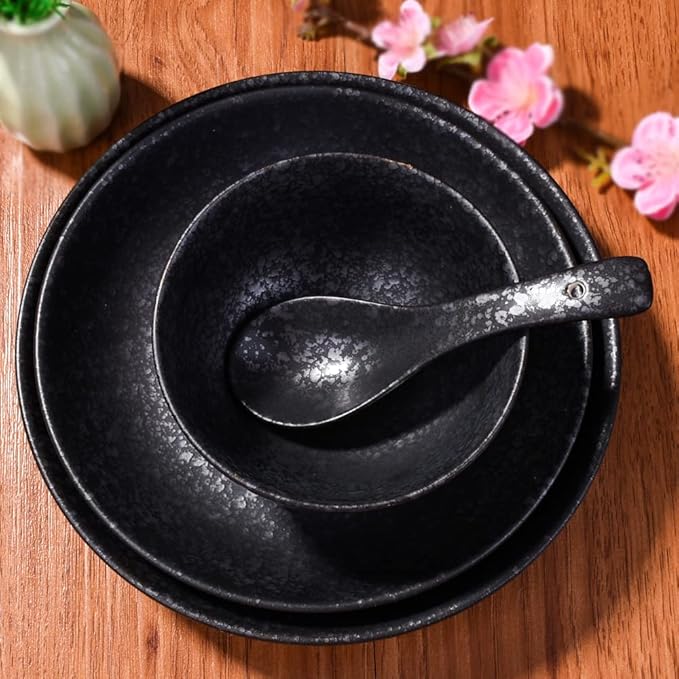 4-Piece Ceramic Dinnerware Set, Plate, Dish, Bowl, Spoon, Japanese Hand-painted Tableware set, A Good Tableware (Black)