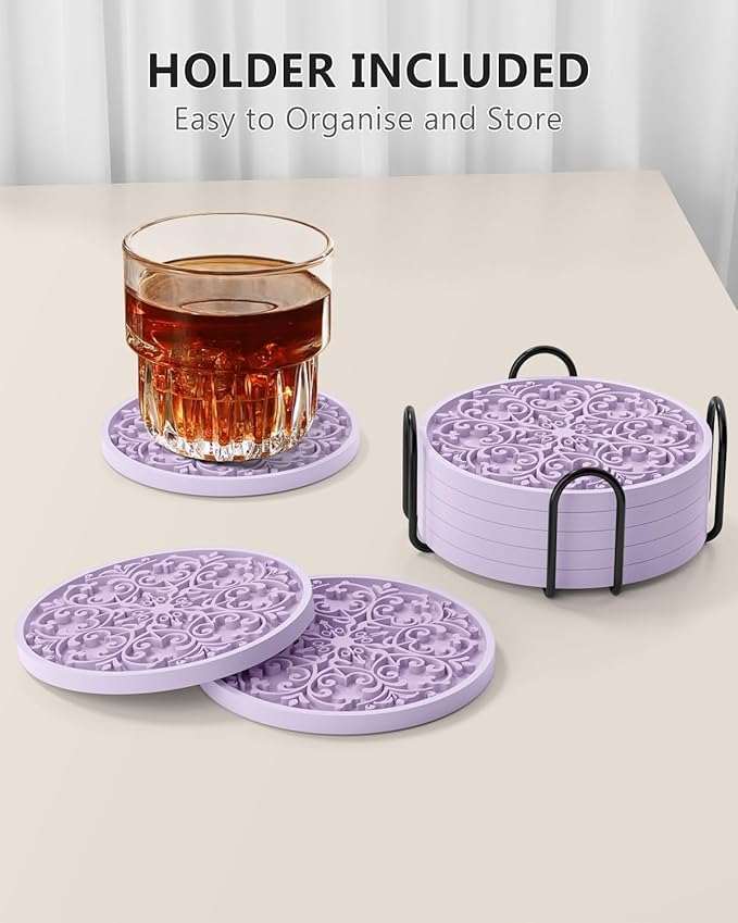 Drink Coasters, Coasters Set of 6 for Cup with Holder, Non-Slip Silicone Cup Mats for Hot and Cold Drinks, Cute Absorbent Coffee Bar Accessories Table Decor, Purple