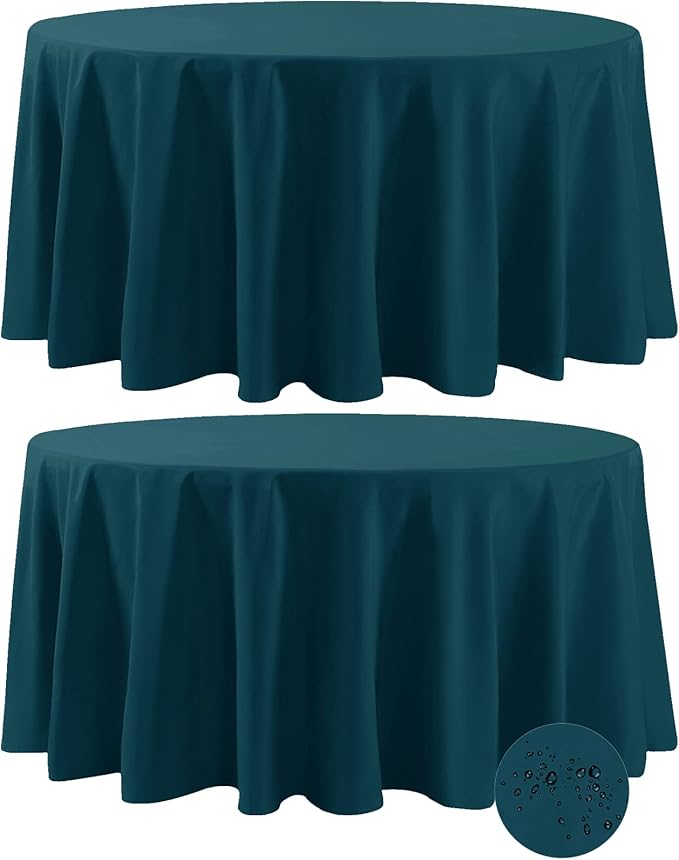 Fokitut 2 Pack Waterproof Round Tablecloth, 108 Inch, Stain Resistant and Wrinkle Polyester Table Cloth, Fabric Table Cover for Kitchen Dining, Wedding, Party, Holiday Dinner-Peacock Blue
