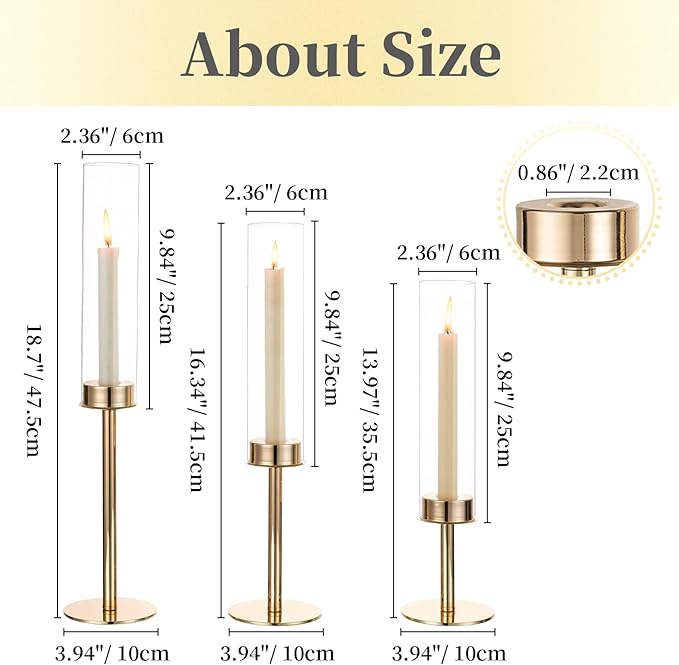 Hewory Gold Candle Holders Hurricane Candlestick Holders, 12Pcs Candle Stick Candle Holder Candelabra, Taper Candle Holders with Glass Candle Cover for Wedding Table Centerpiece Christmas Decor
