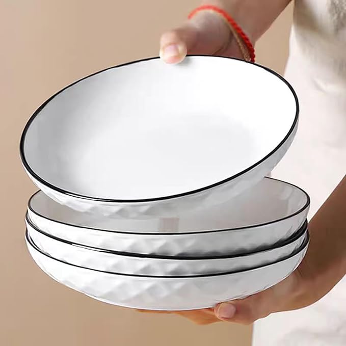 Ceramics Pasta Bowls, 6 Pack 8 inches 20 Oz Large Salad Serving Bowls, Shallow Salad Bowls,ceramics Deep Plates,Microwave Dishwasher Safe,White (rhombus)