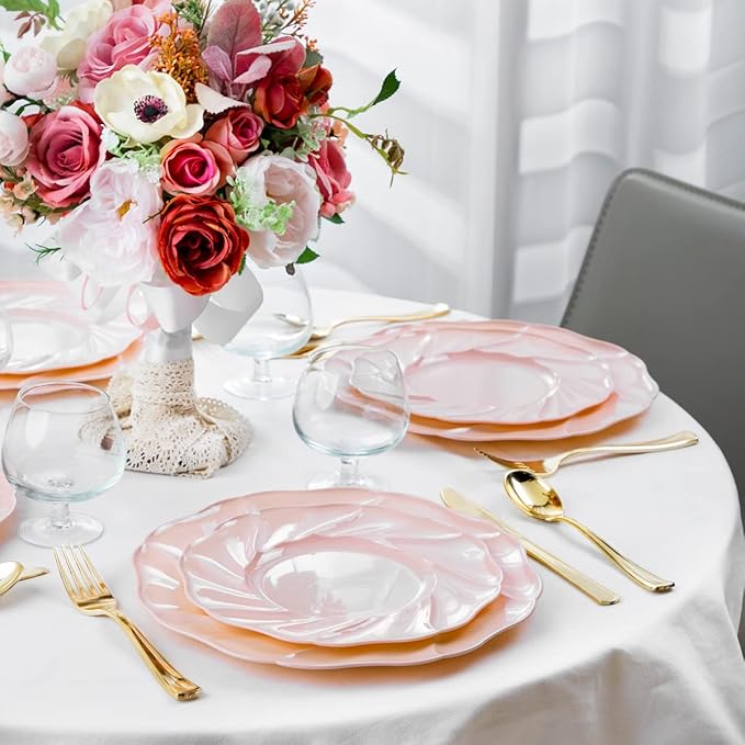 Morejoy Pink Plastic Plates 60PCS for Party, Disposable Plates, Includes 30PCS Dinner Plates, 30PCS Dessert Plates, Perfect for Wedding, Shower, Valentine's Day