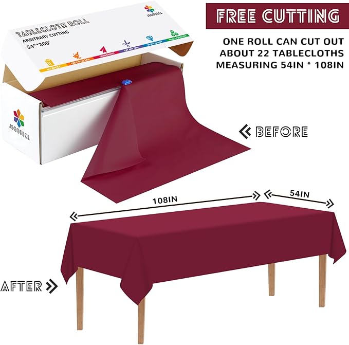 54 Inch X 200 Feet Plastic Table Cover Roll with Convenient Slide Cutter, Disposable Plastic Table Cloth Roll with Cut-to-Size Design for Weddings, Banquets, Parties (Burgundy)