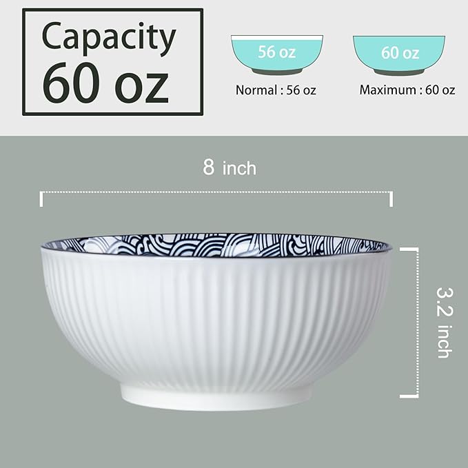 60 oz Large Soup Bowls, Pho Bowls, 8 Inch Blue and White Ceramic Japanese Ramen Bowls Set of 3 - Wave Pattern