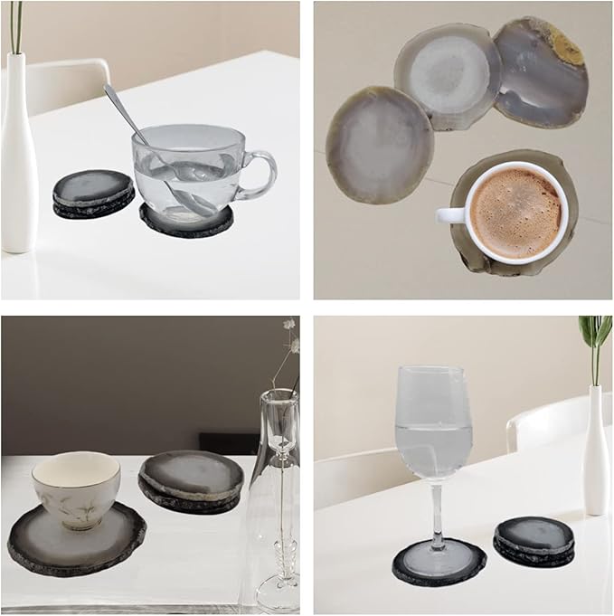 Gray Agate Coaster Drinks Crystal Cup Stone Coasters Set of 4 Geode Agate Slices with Rubber Bumpers for Coffee, Wine or Bar Glasses (4"-5")