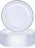 BESTVIP 50PCS 7 Inch Silver Plastic Plates, Disposable Salad Dessert Plate with Silver Rim for Christmas, Thanksgiving, Heavy Duty Disposable Plastic Plates for Parties, Wedding and Birthday, Events