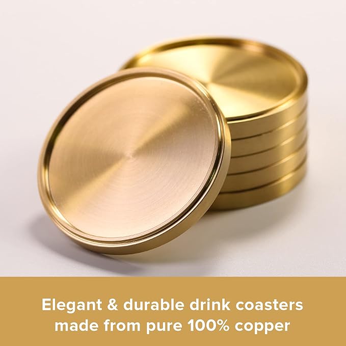 Heavy Brass Coasters for Drinks (6-Pack) - Solid Bronze Gold Coasters - Classy MCM Style Premium Coaster Set - 5 Star Hotel Table & Bar - Board Room Elegant Copper Cup Holder - L